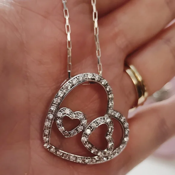 Vintage Sterling Silver Large Triple Heart Pave CZ Pendant with 30" Chain - Picture 4 of 12